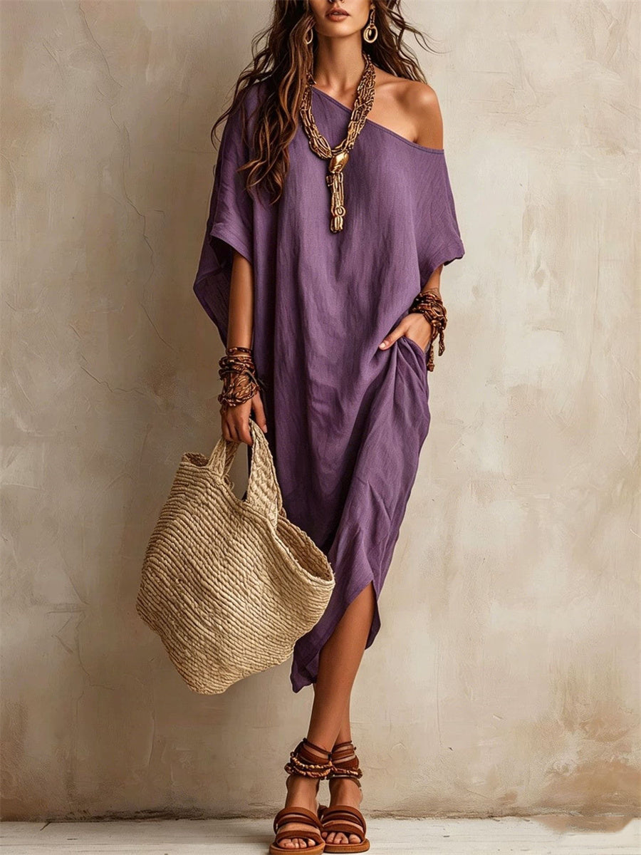 Women's Simple Off Shoulder Oversize Flowy Midi Dress