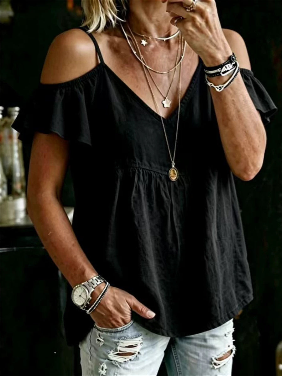 Women's Vintage Off Shoulder Ruffle Sleeve Boho linen Shirt