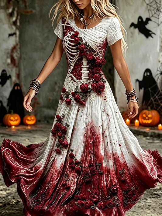 Women's Gothic Style Skull And Rose Maxi Dress