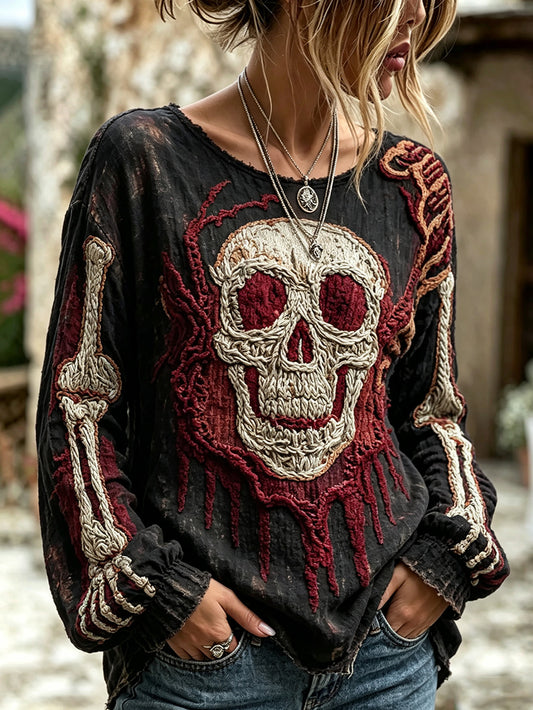 Women's Gothic Skull Pattern Printed Casual Cotton-Linen Shirt