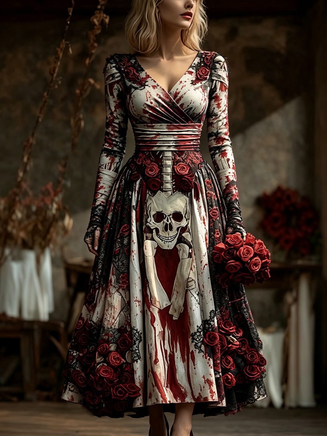 Women's Retro Gothic Skull Pattern Printed Long Sleeve Dress