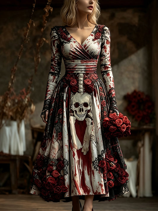 Women's Retro Gothic Skull Pattern Printed Long Sleeve Dress