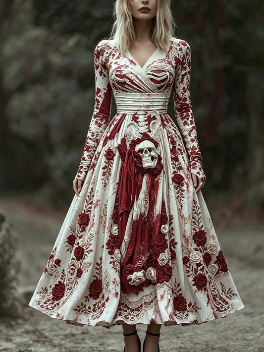 Women's Retro Gothic Skull Pattern Printed Long Sleeve Dress