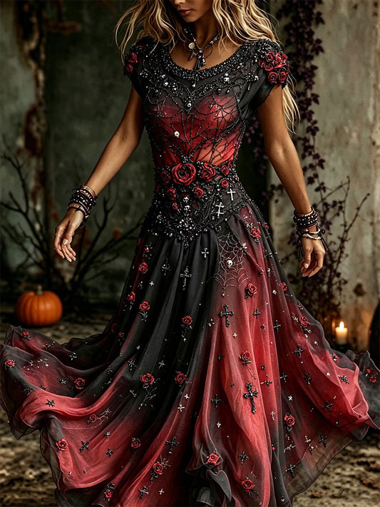 Women's Gothic Style Skull And Rose Maxi Dress
