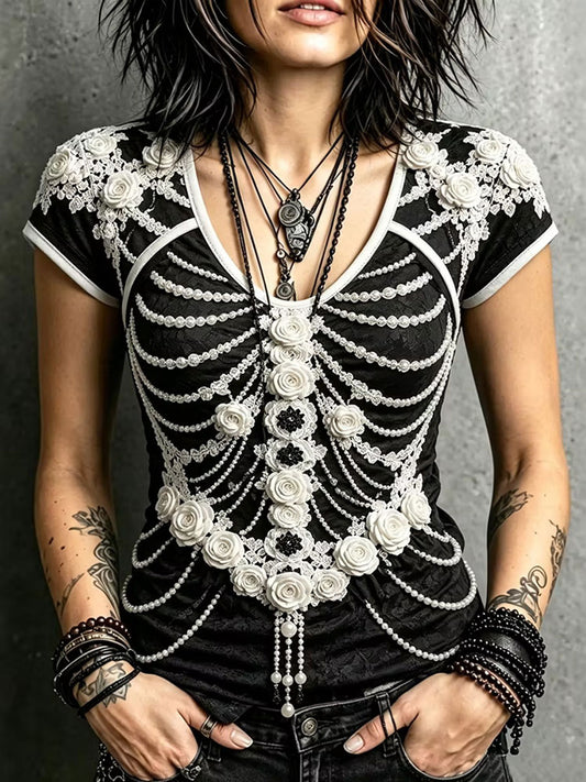 Women's Gothic Style Floral T-Shirt