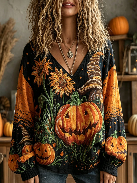 Women's Halloween pumpkin pattern retro casual cotton-linen shirt