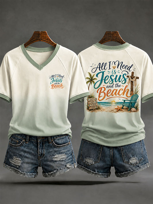 Women's "All I Need Is Jesus and the Beach" Vacation-Style Casual T-Shirt