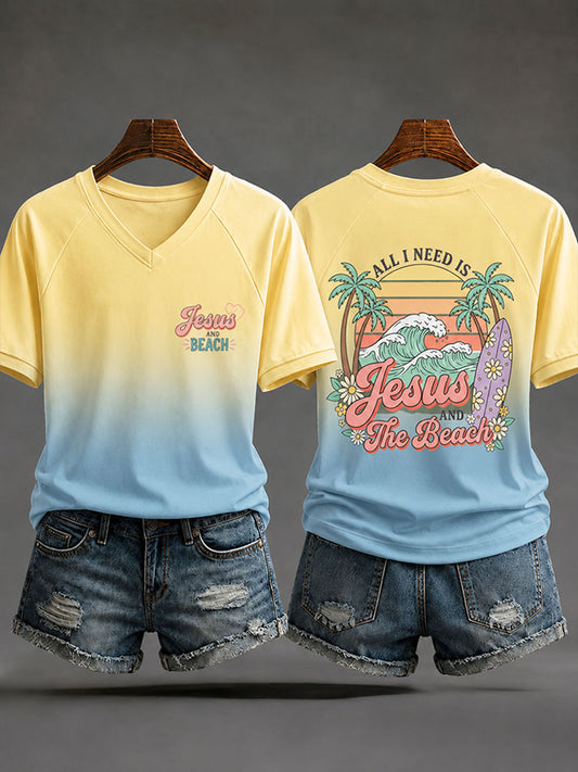 Women's "All I Need Is Jesus and the Beach" Vacation-Style Casual T-Shirt