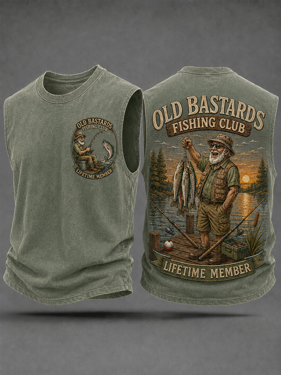 Men's Funny Old Bastards Fishing Club Lifetime Member Print Casual Tank Top