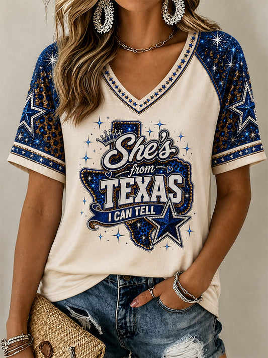 Women's She's From Texas I Can Tell Print Casual V-Neck Tee