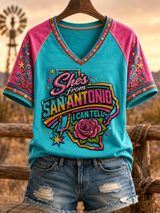 Women's She's From Texas I Can Tell Print Casual V-Neck Tee