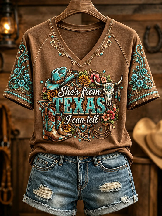 Women's She's From Texas I Can Tell Print Casual V-Neck Tee