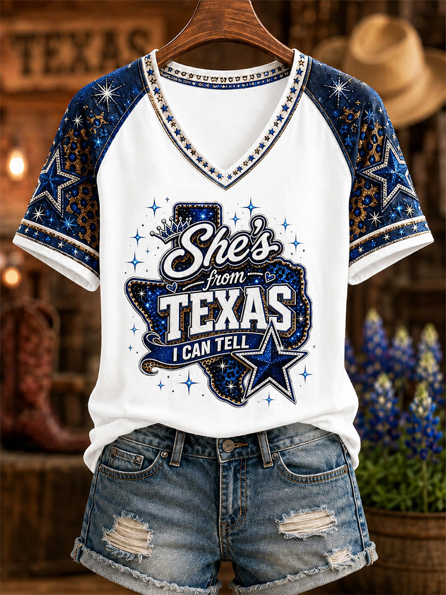Women's She's From Texas I Can Tell Print Casual V-Neck Tee