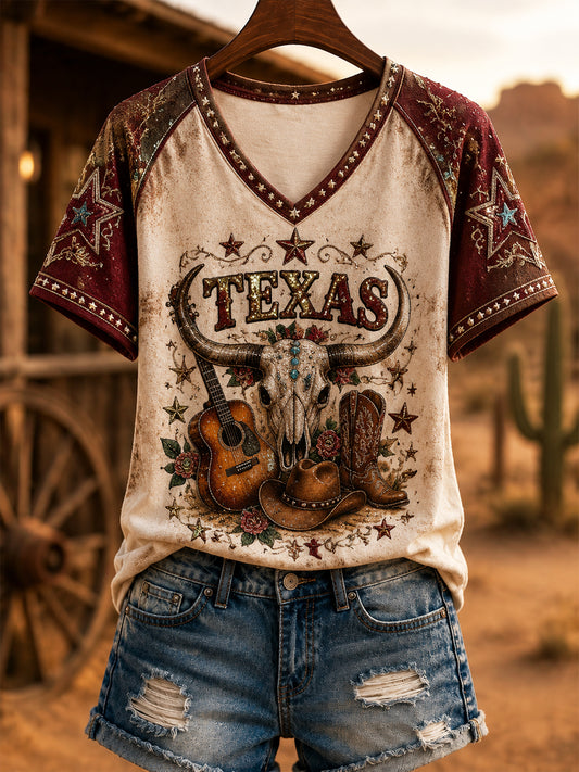Retro Western Country Music Patchwork Casual T-Shirt
