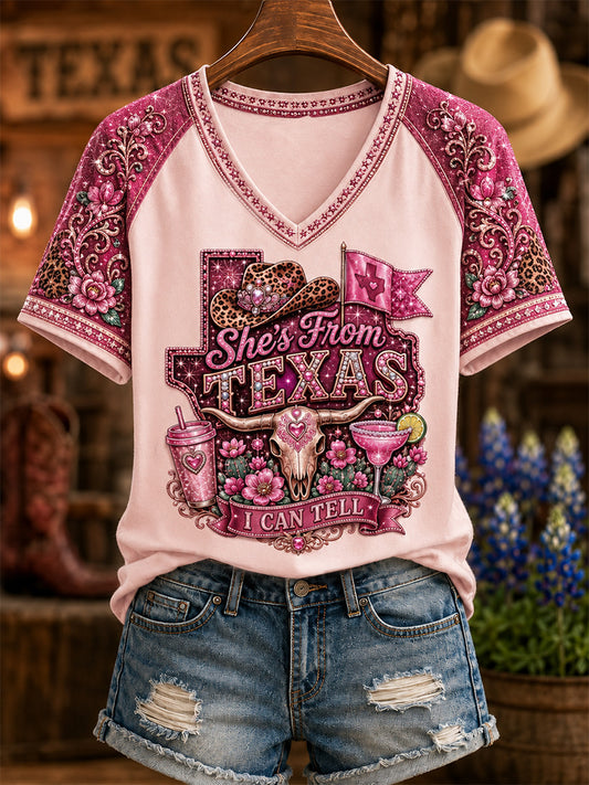 Women's She's From Texas I Can Tell Print Casual V-Neck Tee