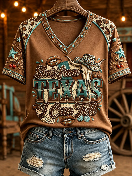 Women's She's From Texas I Can Tell Print Casual V-Neck Tee