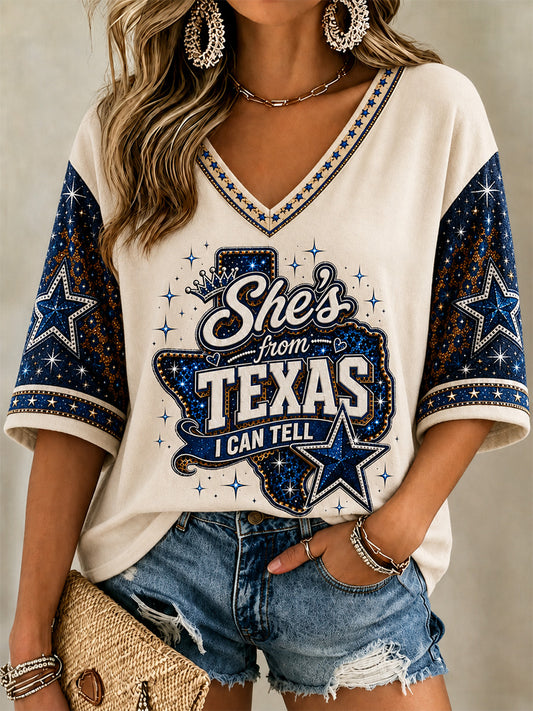Women's She's From Texas I Can Tell Print Casual V-Neck Tee