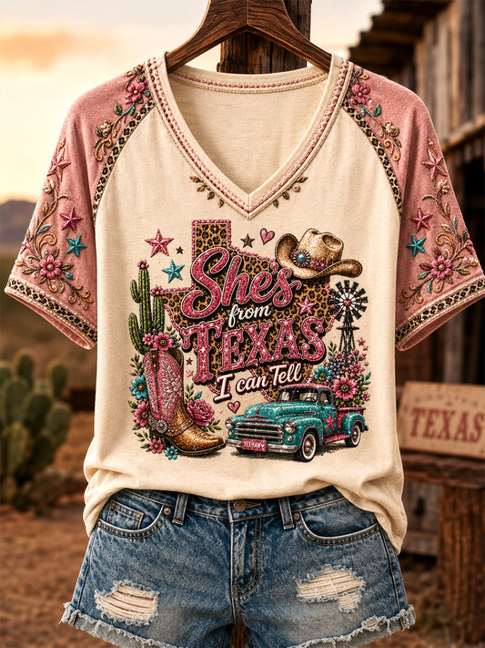 Women's She's From Texas I Can Tell Print Casual V-Neck Tee