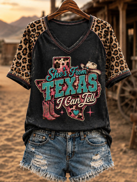 Women's She's From Texas I Can Tell Print Casual V-Neck Tee