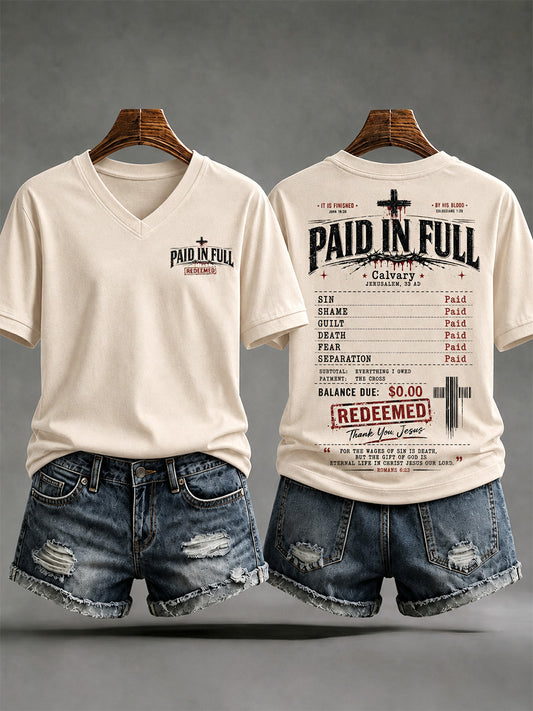 Women's Jesus Paid It All Print Casual V-Neck Tee