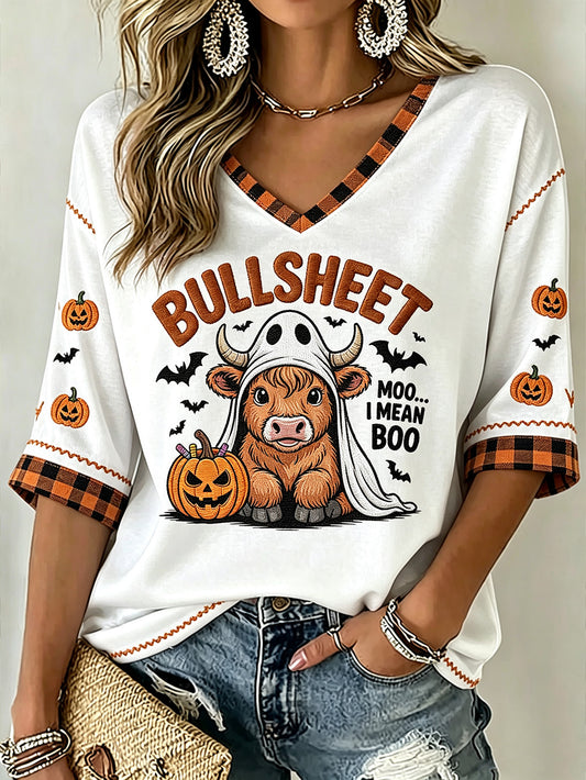 Women's Halloween Theme Pattern Printed Casual Mid-length Sleeves V-Neck T-Shirt