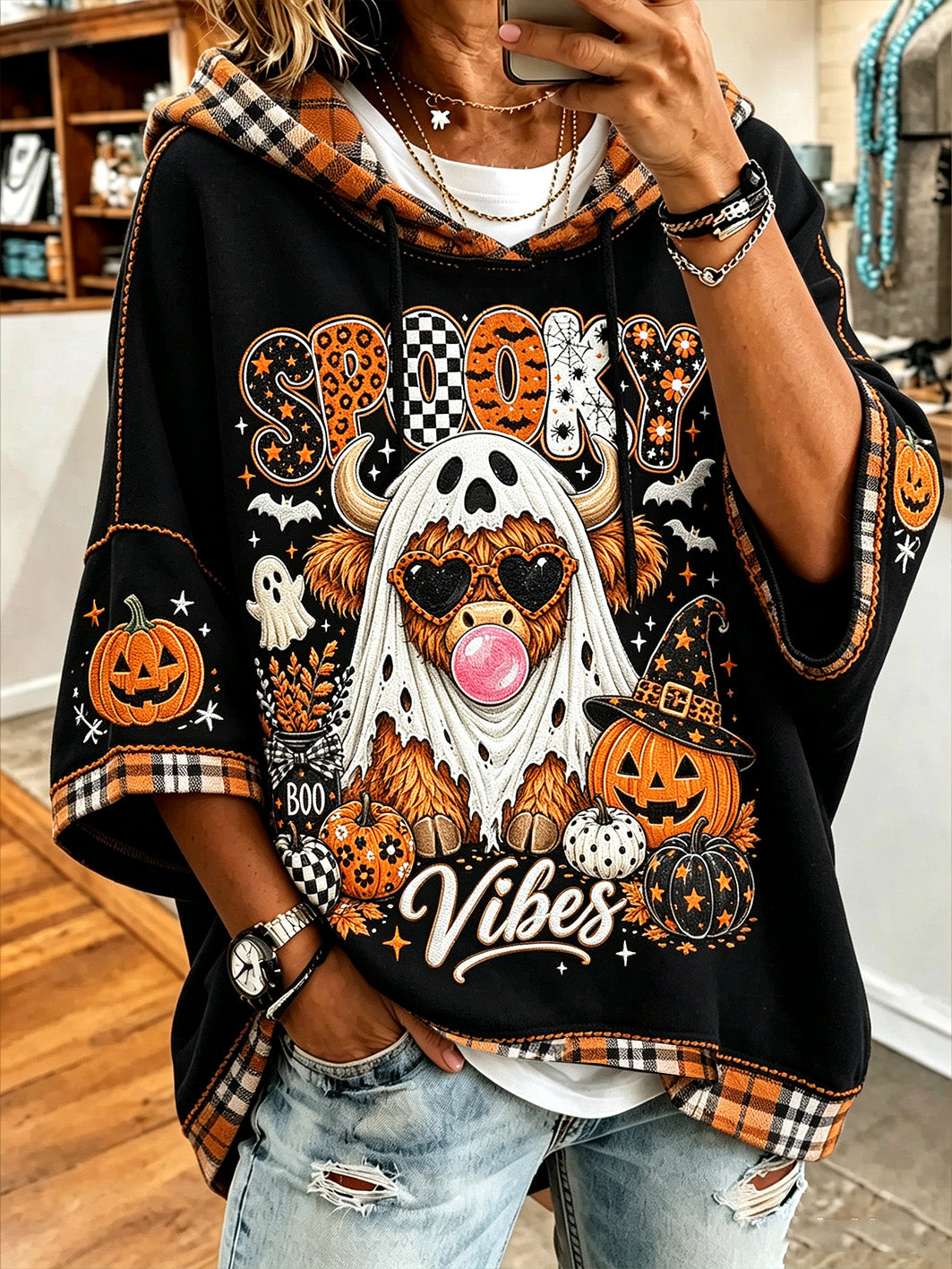 Women’s Halloween Theme Pattern Printed Casual Short-Sleeve Hoodie