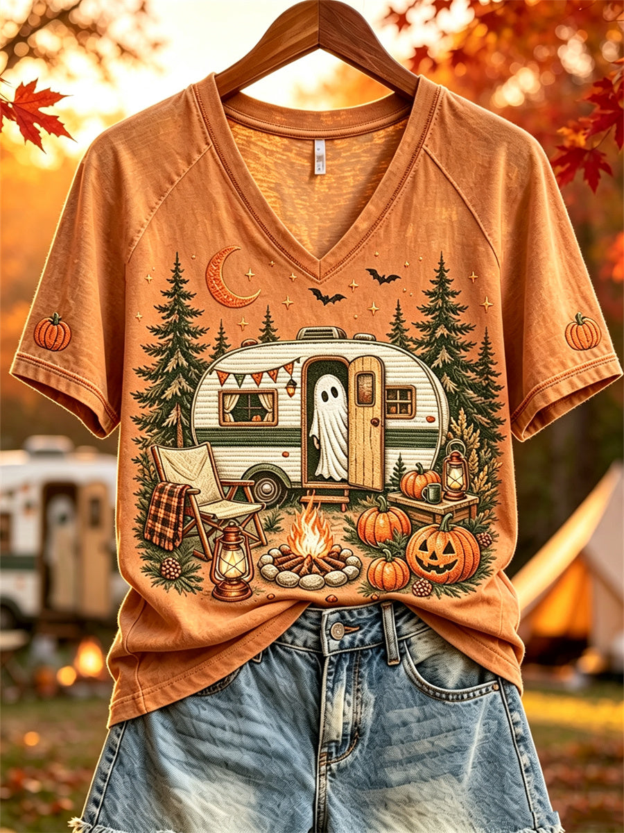 Women's Halloween Ghost Fall RV Camping Print short-sleeved T-shirt