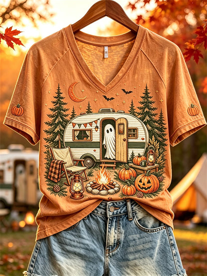 Women's Halloween Ghost Fall RV Camping Print short-sleeved T-shirt
