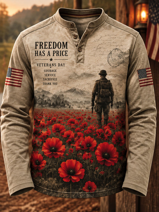 Men's Veterans Day Print Casual Henley Shirt
