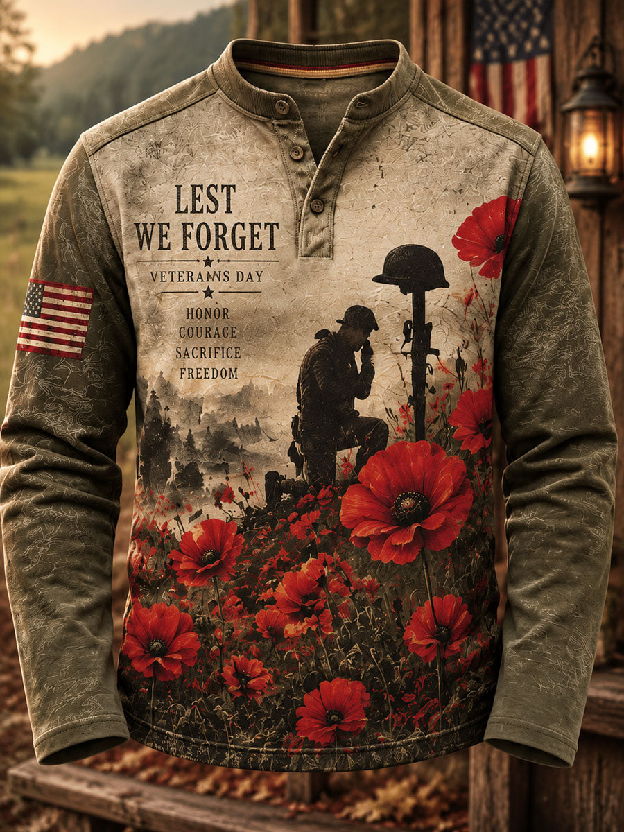 Men's Veterans Day Print Casual Henley Shirt