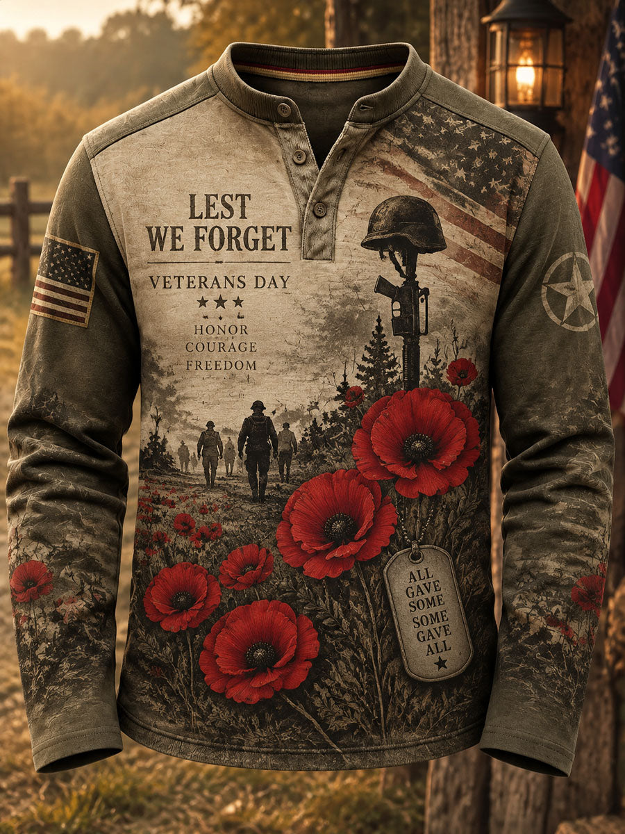 Men's Veterans Day Print Casual Henley Shirt