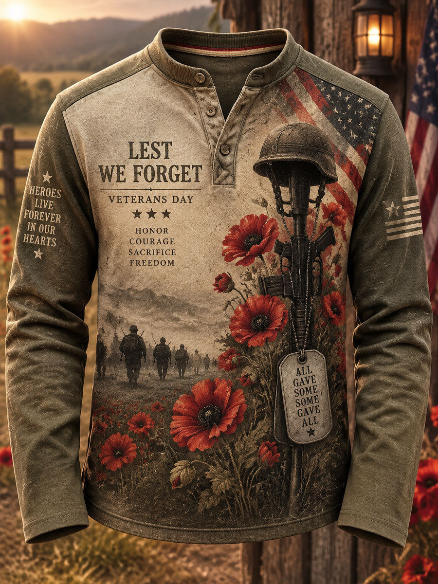 Men's Veterans Day Print Casual Henley Shirt