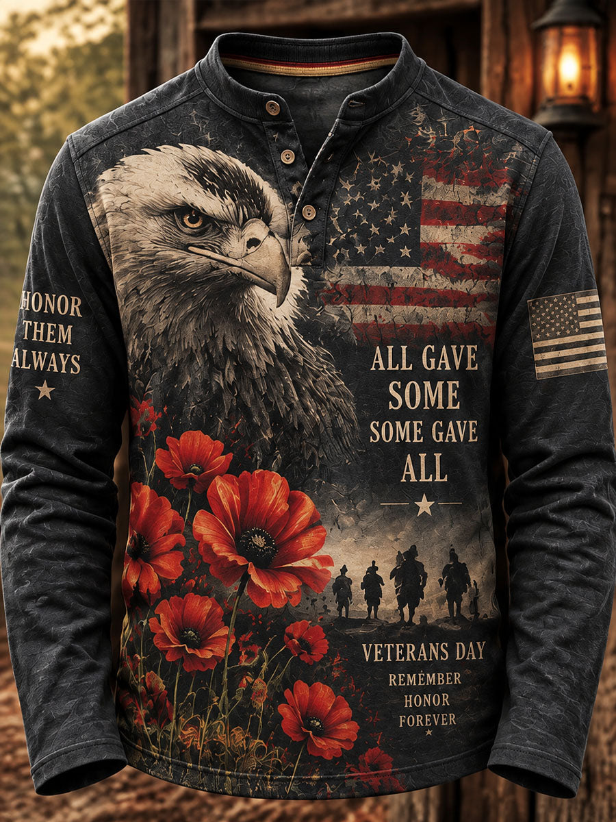 Men's Veterans Day Print Casual Henley Shirt