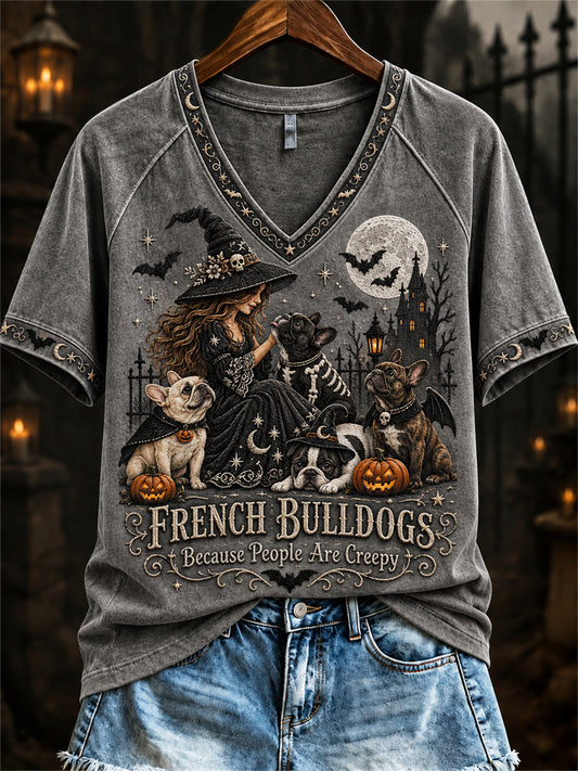 Women's French Because People Are Creepy Halloween Witch & Dogs Print short-sleeved T-shirt