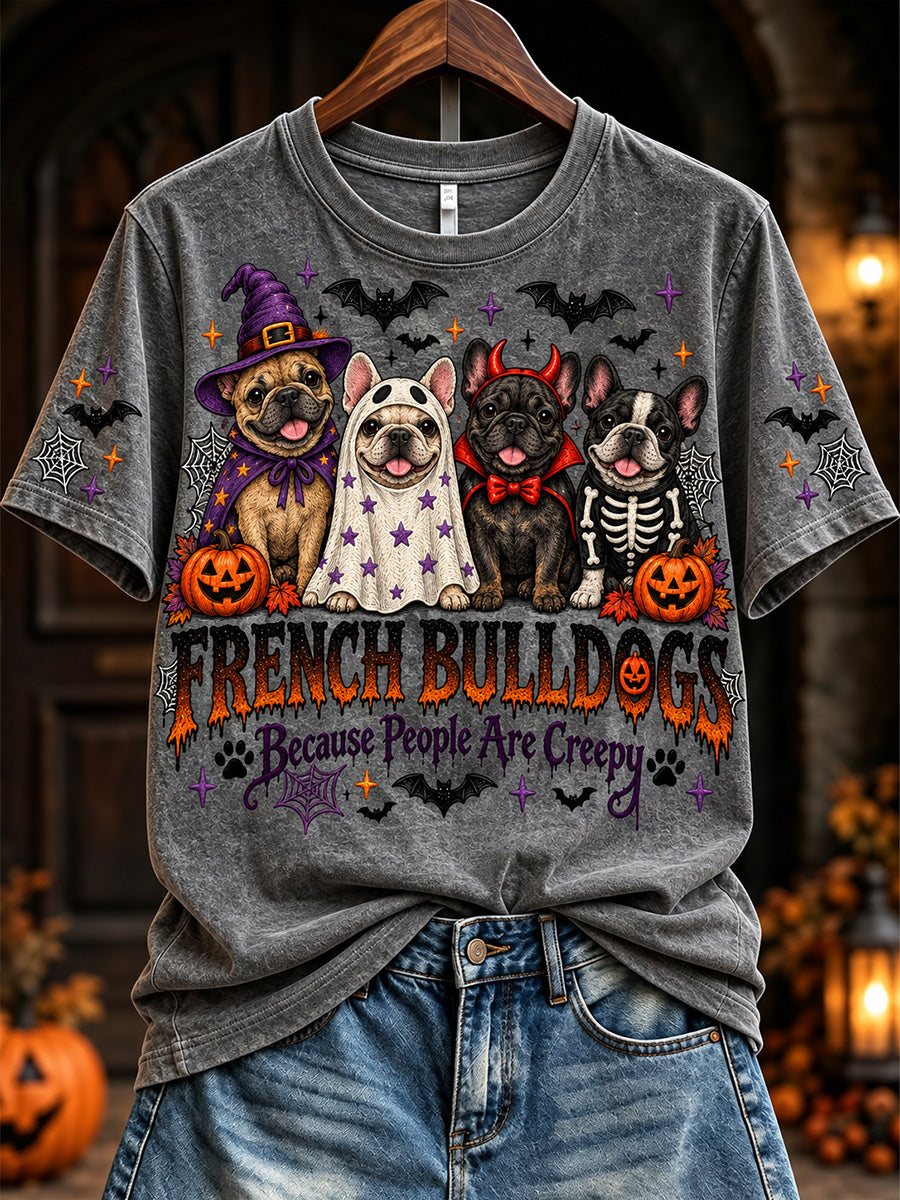 Women's Vintage Halloween French Because People Are Creepy Print Short-sleeved T-shirt