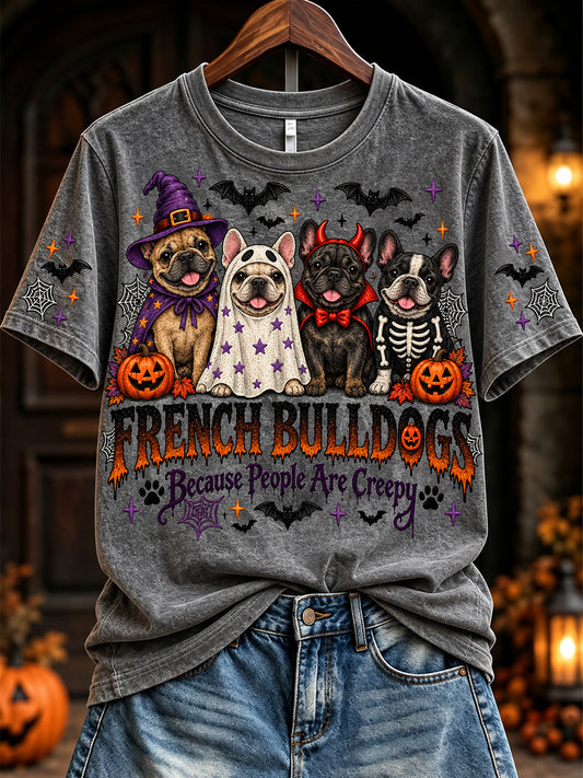 Women's Vintage Halloween French Because People Are Creepy Print Short-sleeved T-shirt