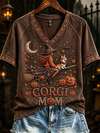 Women's Halloween Fall Corgi Mom Witch & Dog Print short-sleeved T-shirt