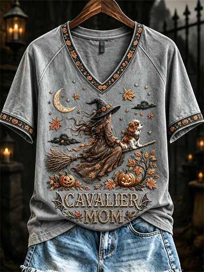 Women's Halloween Fall Cavalier Mom Witch & Dog Print short-sleeved T-shirt