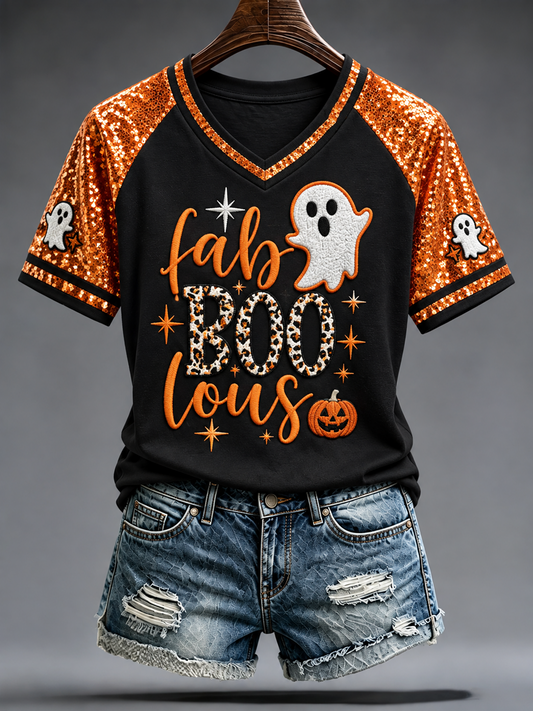 Women's Faboolous Halloween Printed V-neck off-shoulder short-sleeved T-shirt