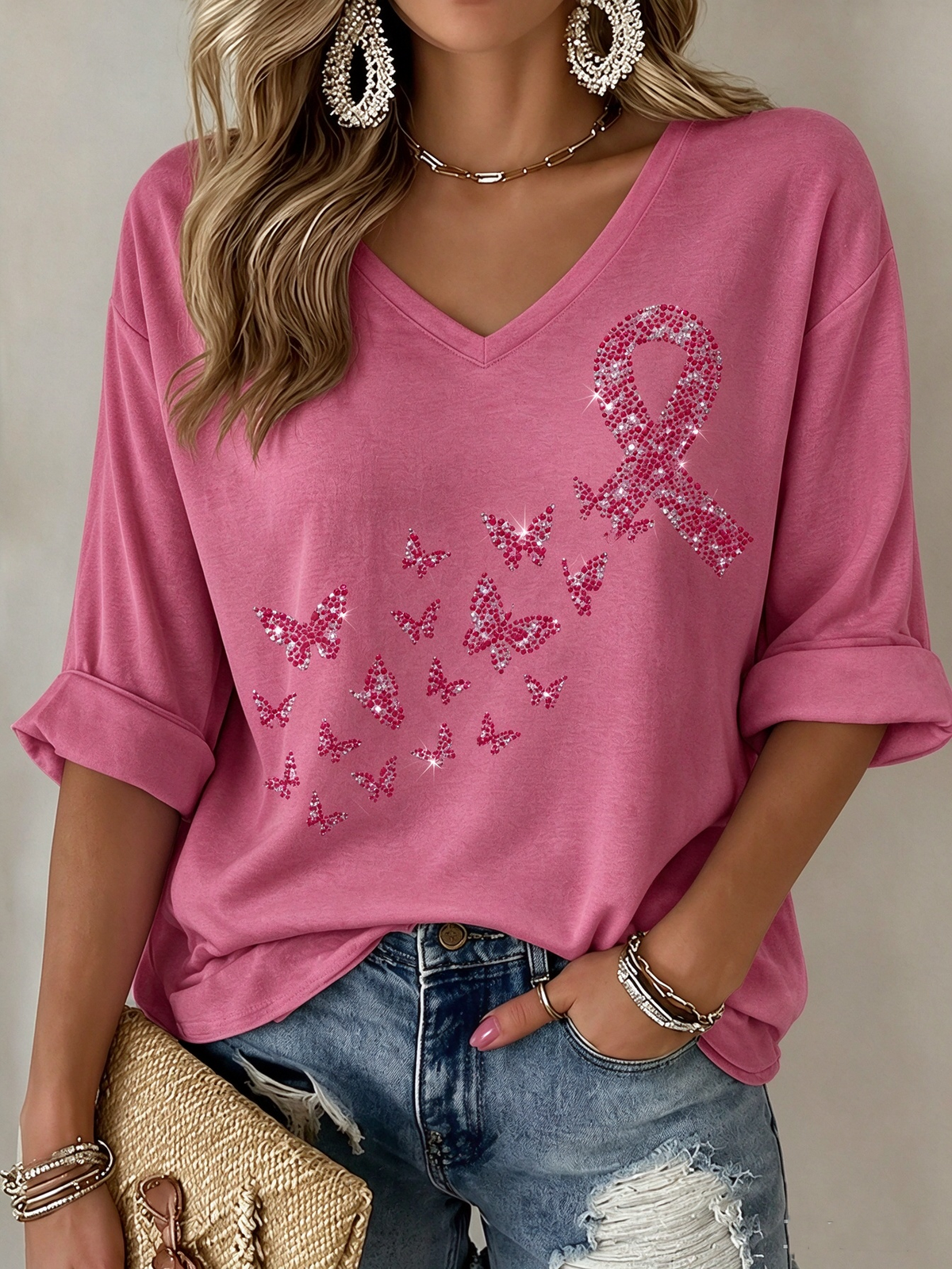 Women's Breast Cancer Mid-length Sleeves V-Neck T-Shirt