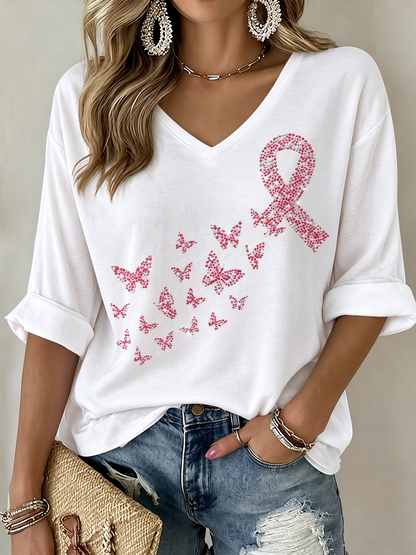 Women's Breast Cancer Mid-length Sleeves V-Neck T-Shirt
