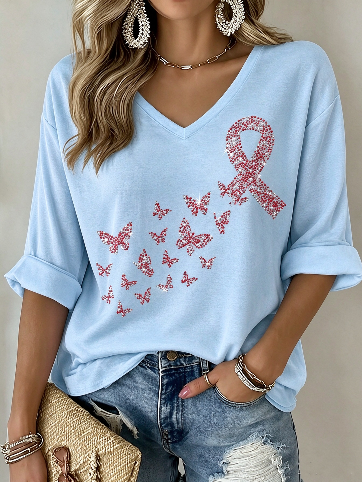 Women's Breast Cancer Mid-length Sleeves V-Neck T-Shirt