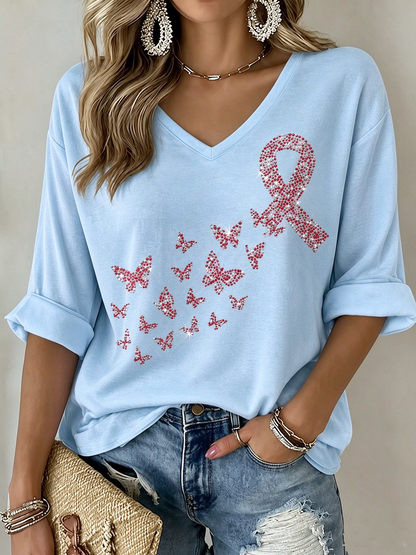 Women's Breast Cancer Mid-length Sleeves V-Neck T-Shirt