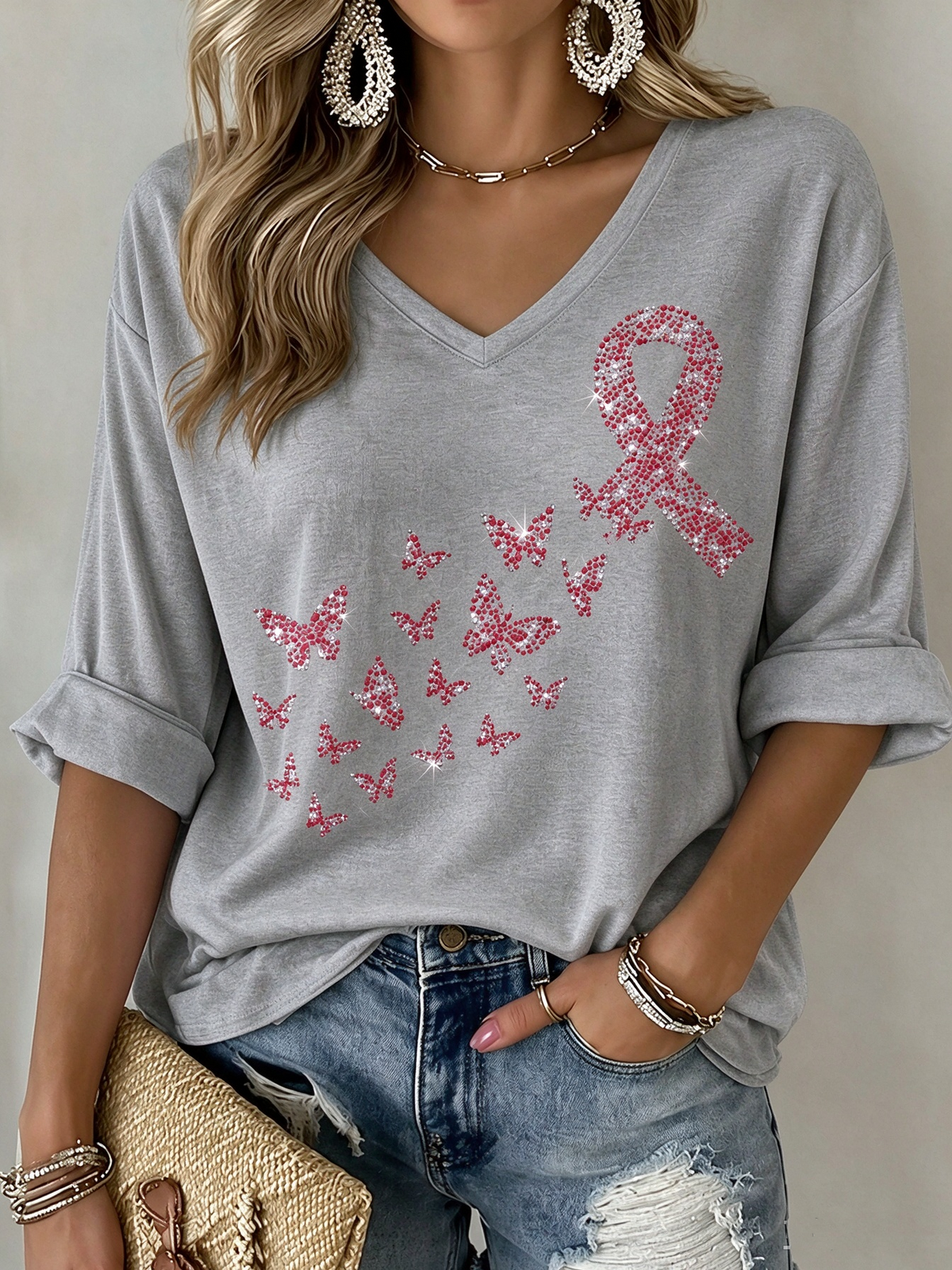 Women's Breast Cancer Mid-length Sleeves V-Neck T-Shirt
