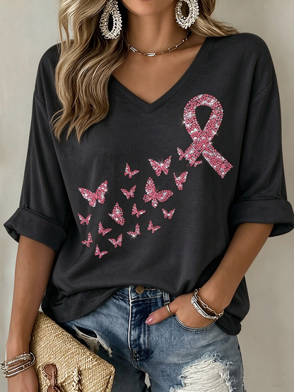 Women's Breast Cancer Mid-length Sleeves V-Neck T-Shirt