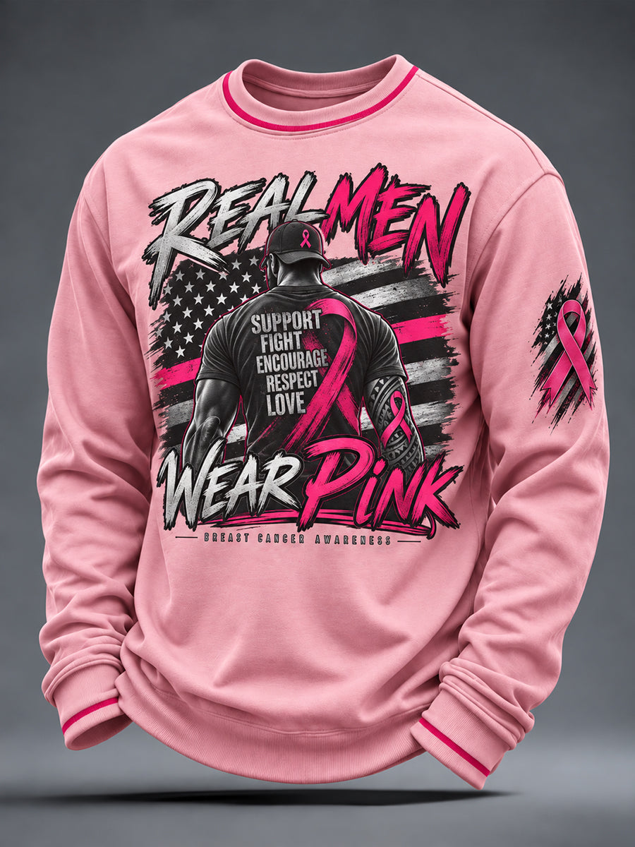 Men's Real Men Wear Pink Breast Cancer Awareness Crew Neck Sweatshirt