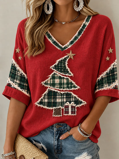 Women's Christmas Tree Art  Mid-length Sleeves V-Neck T-Shirt